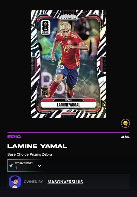 A digital trading card of soccer player Lamine Yamal from Spain, labeled "EPIC," "Base Choice Prizms Zebra," 4/5, and owned by Masonversluis, displayed alongside the post arguing that Panini Blockchain NFTs can achieve scarcity-driven value through limited supply and community consensus.