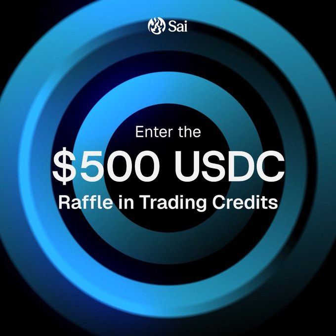 A promotional graphic with a blue concentric circle design for 'Sai' announcing a '$500 USDC Raffle in Trading Credits'.