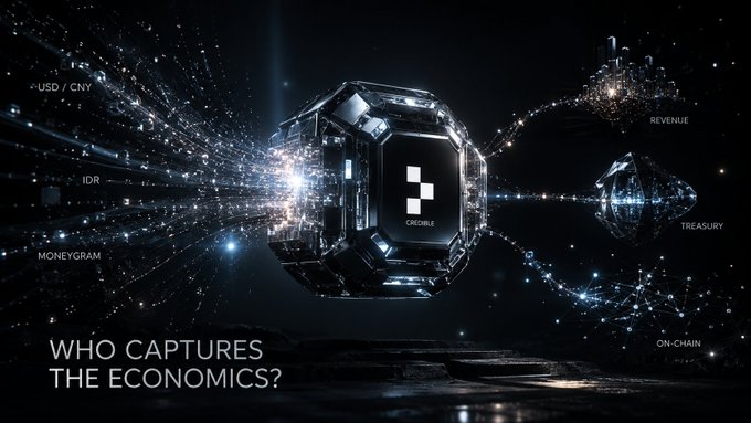 A futuristic, glowing cube in a dark digital space labeled 'CASHLE' with text reading 'WHO CAPTURES THE ECONOMICS?' and floating labels like 'USD/CNY', 'IDR', 'MONEYGRAM', 'REVENUE', 'TREASURY', and 'ON-CHAIN'.