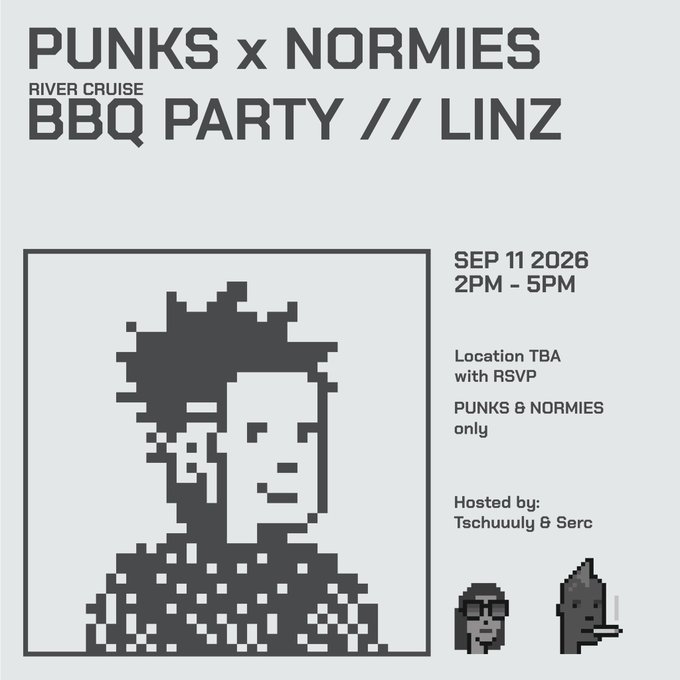 A minimalist event flyer for 'PUNKS x NORMIES RIVER CRUISE BBQ PARTY // LINZ' on 'SEP 11 2026', featuring a pixel-art character portrait and crypto-themed icons.