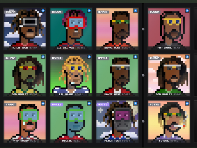 A grid of pixel art CryptoPunks NFT portraits featuring various character types including Peter Tosh, Lil Uzi Vert, Kanye West, A$AP Rocky, and others, with prices displayed in ETH.