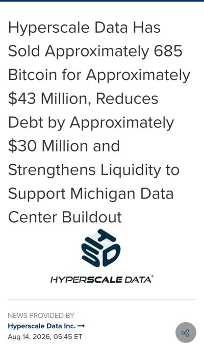 A news announcement from Hyperscale Data Inc. (dated Aug 14, 2026) reports the company sold approximately 685 Bitcoin for ~$43 million, using proceeds to reduce ~$30 million in debt and strengthen liquidity for its Michigan data center buildout, with the company's logo displayed beneath the headline.