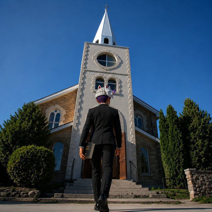 A man in a black suit and headphones stands facing a stone church with a tall white steeple under a clear blue sky, holding what appears to be a Bible.