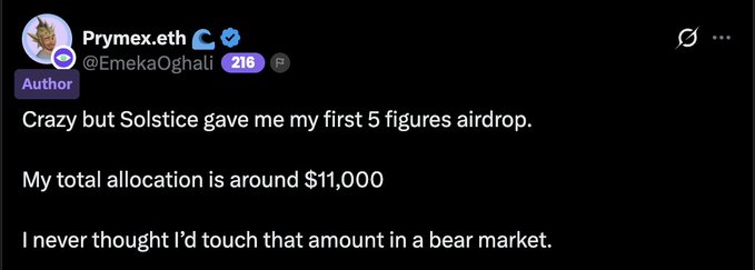 A tweet by Prymex.eth (@EmekaOghali) reads: "Crazy but Solstice gave me my first 5 figures airdrop. My total allocation is around $11,000. I never thought I'd touch that amount in a bear market."

The post highlights a successful airdrop strategy outcome, aligning with the caption's emphasis on farming L1s, as Solstice likely represents a successful farming win yielding a $11,000 allocation during a downturn.