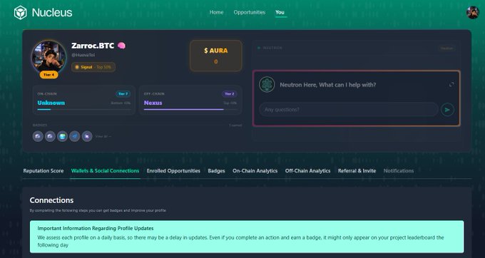 A dark-themed dashboard for the Nucleus platform displaying the profile 'Zarroc.BTC' (@HussoTol) with $ AURA balance, on-chain and off-chain analytics, and a 'Neutron Here' AI chat interface.