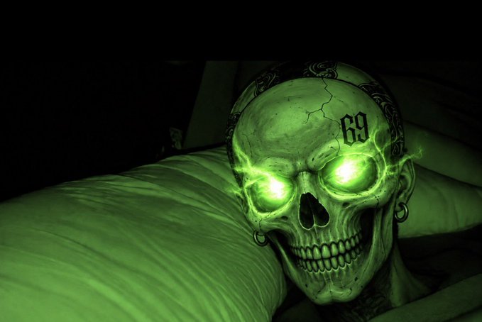 A digitally rendered skull with glowing green eyes rests on a pillow in a dark setting, featuring the number "69" etched into its forehead and a small ring earring.