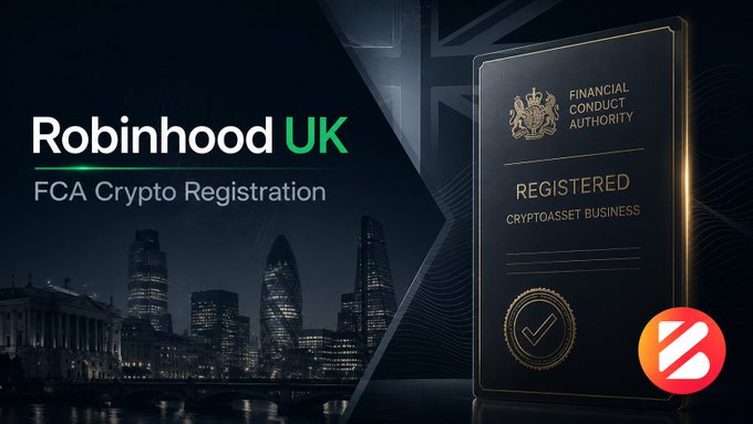 The image is a promotional graphic featuring the Robinhood UK logo, the text "FCA Crypto Registration," and a stylized certificate displaying the Financial Conduct Authority crest with "REGISTERED CRYPTOASSET BUSINESS" text, set against a London skyline backdrop. It visually reinforces the accompanying post's announcement that Robinhood has secured FCA registration as a UK cryptoasset business.