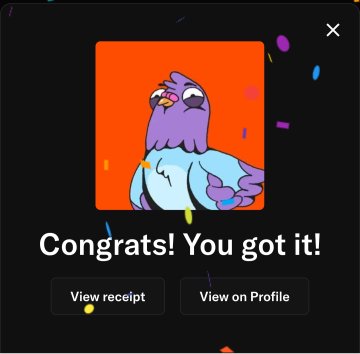 The image shows a confetti-filled NFT minting confirmation screen featuring a cartoon purple bird character, with the celebratory text "Congrats! You got it!" and buttons to "View receipt" or "View on Profile." This directly relates to the post by displaying the successful mint confirmation of the RallyOnChain NFT the user just acquired.