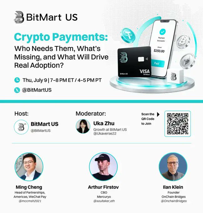 A promotional graphic for a BitMart US Twitter Space event titled 'Crypto Payments: Who Needs Them, What's Missing, and What Will Drive Real Adoption?' scheduled for July 9, featuring a host, moderator, and several guests.