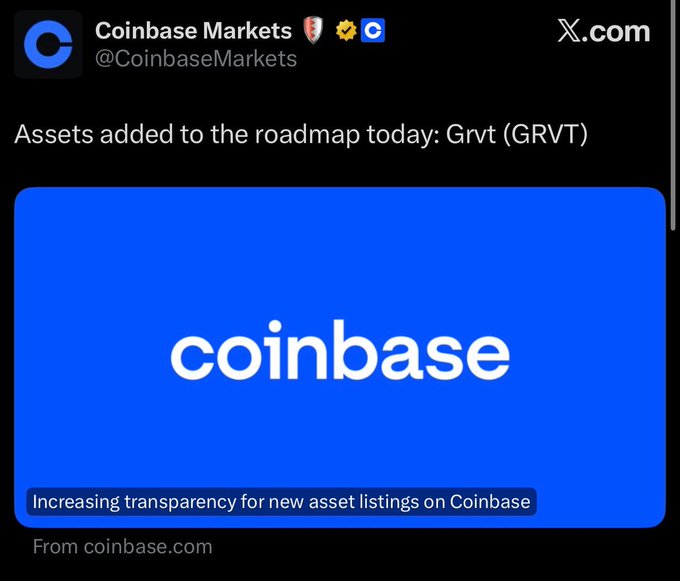 A Coinbase Markets tweet announcing that Grvt (GRVT) has been added to the asset roadmap, displayed with the Coinbase logo and a banner reading "Increasing transparency for new asset listings on Coinbase," aligning with the post's announcement of GRVT's upcoming Coinbase listing on July 21st.