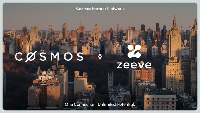 A promotional banner for 'Cosmos Partner Network' featuring the Cosmos and Zeeve logos over a cityscape background with the tagline 'One Connection. Unlimited Potential.'