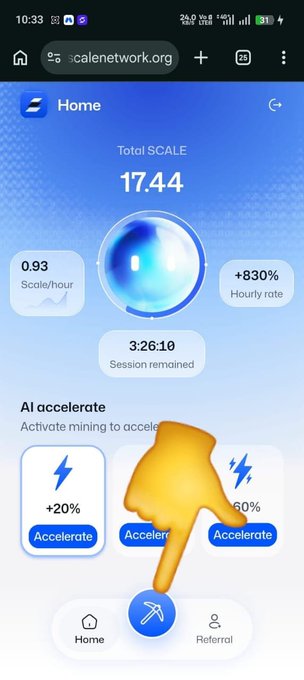 Screenshot of a mobile web browser on calenetwork.org showing a 'SCALE' mining dashboard with Total SCALE 17.44, 0.93 Scale/hour, +830% hourly rate, and an AI accelerate section with a finger emoji pointing at the middle button.