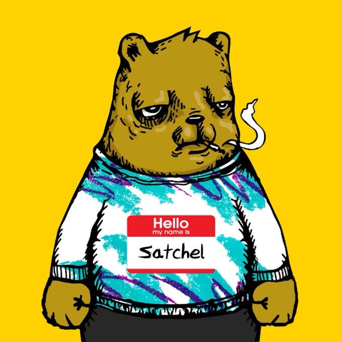 A stylized illustration of a stern bear wearing a patterned sweater and a 'Hello my name is Satchel' name tag, smoking a cigarette against a yellow background.