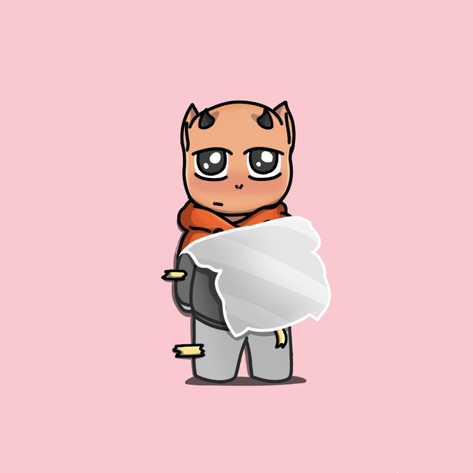 A cartoon illustration of a small chibi-style character with small devil horns, wearing an orange hoodie and gray pants, holding what appears to be a gray blanket or fabric, set against a pink background.