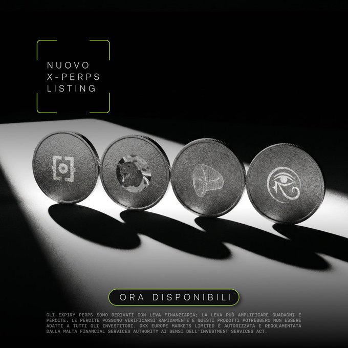 A promotional graphic with the header 'NUOVO X-PERPS LISTING' and 'ORA DISPONIBILI', showing four dark metallic coins with various engraved symbols arranged on a white surface against a black background.