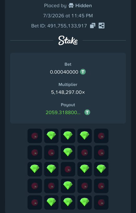 A Stake.com Mines bet slip showing a hidden player who wagered 0.00040000 T on 7/3/2026 and hit an incredible 5,148,297.00x multiplier for a payout of 2059.318800... T, with green diamond reveals scattered across the 5x5 grid. The image perfectly illustrates the post's excitement, demonstrating the massive multiplier potential that makes Mines a thrilling game on Stake.