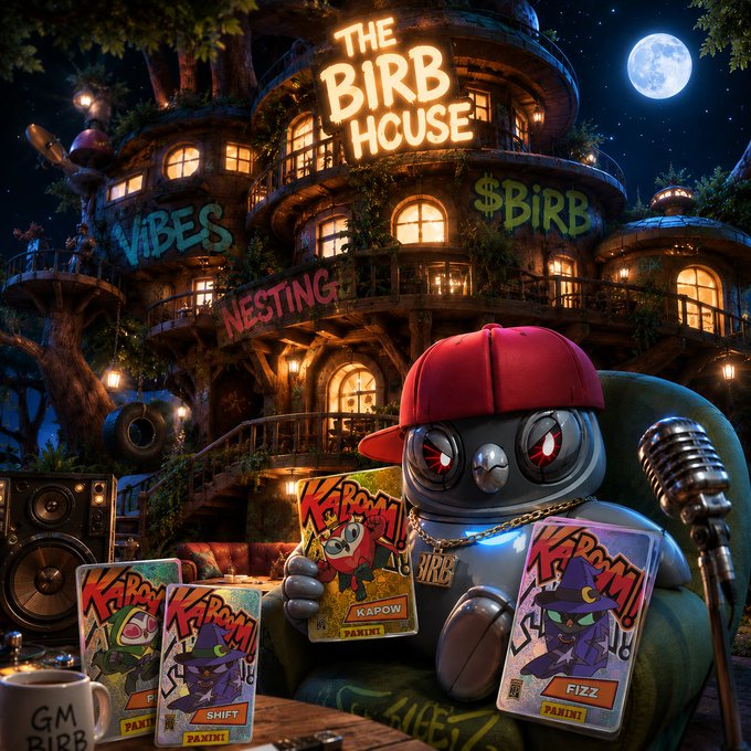 An AI-generated illustration of a metal penguin character wearing a red cap and holding trading cards in front of 'The Bird House' with neon signs reading 'VIBES', 'NESTING', and '$BIRB'.