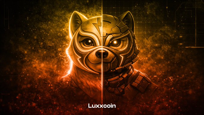 Digital artwork of a mechanical/golden dog-like figure with glowing eyes, branded 'Luxxcoin' at the bottom.