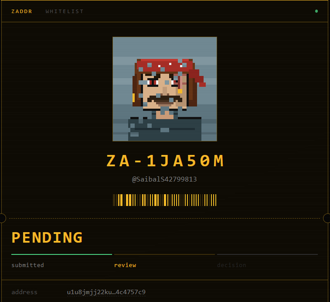 A full-screen view of the ZADDR Whitelist application for ZA-1JA50M showing the 'review' stage of the pending status.