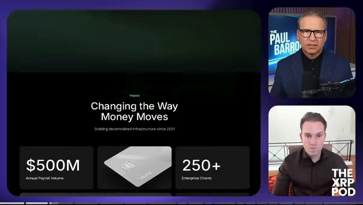 The image shows a presentation slide with three men sitting behind a table, each wearing glasses. The slide displays information about Paul Barron's company, $ZBCN, and their projected growth over the next three years. The text on the slide indicates that they expect an annual payroll volume of 1B by the end of 2006.