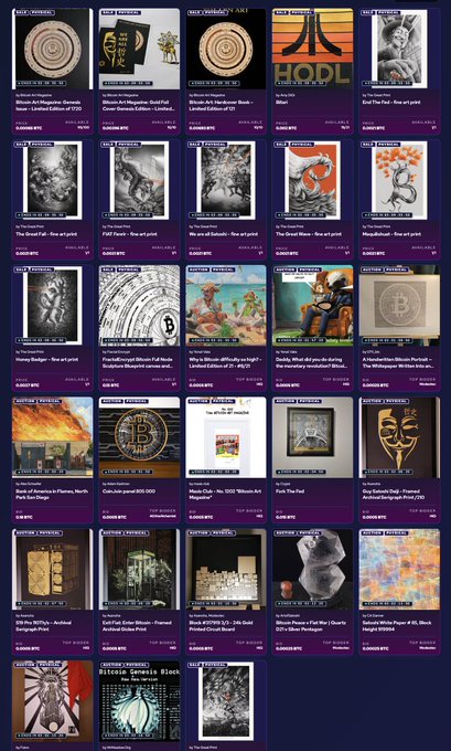 A grid of NFT listings on a marketplace (XCAD Network and Candy Network) featuring various artworks including limited edition BTNY, HODL, Stumpy Remnants, and Bitcoin-themed pieces.
