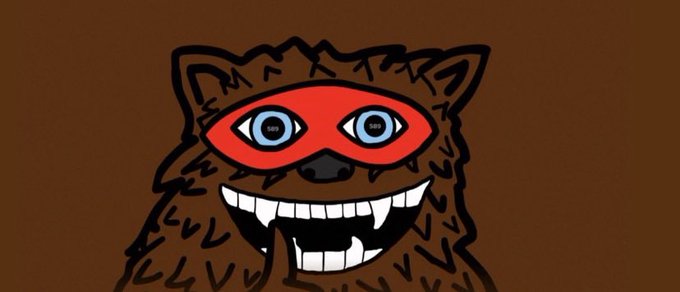 A cartoon illustration of a brown furry creature with wild fur, blue eyes, and a wide open mouth showing teeth, wearing a red superhero-style mask against a brown background.