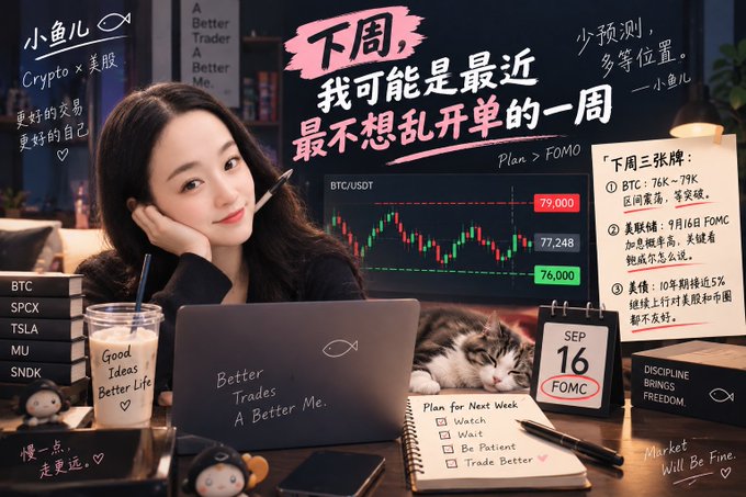 A promotional image featuring a young woman at a desk with a laptop and cat, with Chinese text and a BTC/USDT price chart. Visible tickers include BTC, SPCX, TSLA, MU, and SNDK, with a calendar showing 'SEP 16' and 'FOMC'.