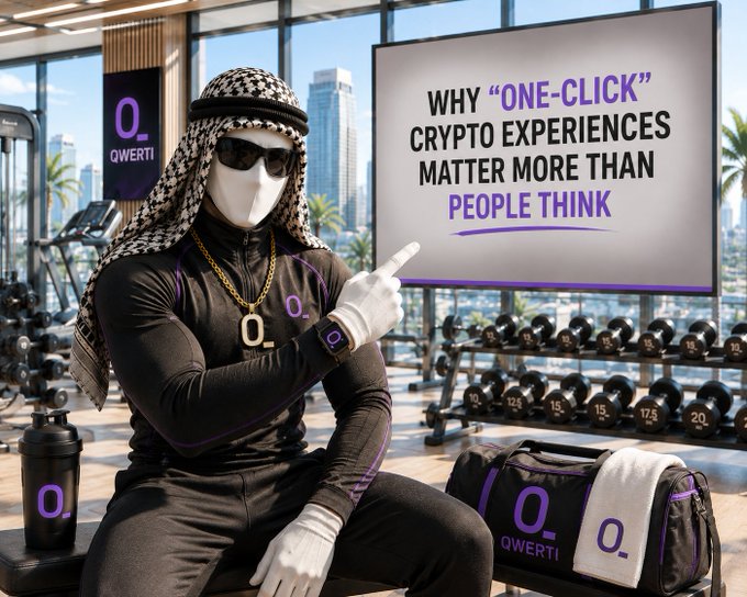 A masked figure in black athletic wear and a checkered headscarf points to a screen reading 'WHY "ONE-CLICK" CRYPTO EXPERIENCES MATTER MORE THAN PEOPLE THINK', with 'QWERT' branding visible in a gym setting.