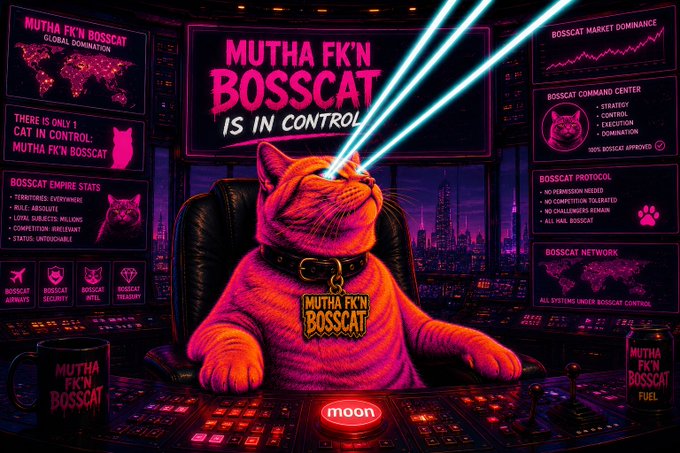 A vibrant pink-and-purple meme-style illustration of an orange cat wearing a 'MUTHA F*KN BOSSCAT' chain, sitting at a futuristic control room console with laser eyes, captioned 'MUTHA F*KN BOSSCAT IS IN CONTROL.'