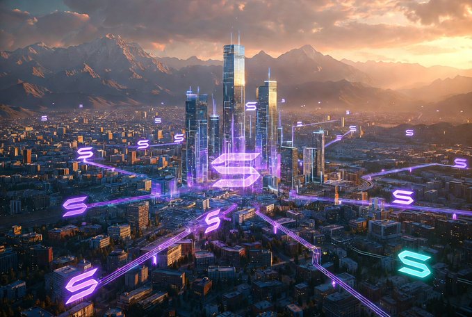 A futuristic digital art illustration of a glowing purple 'S' cryptocurrency logo at the center of a modern city, with connected 'S' symbols forming a network across the urban landscape at sunset.