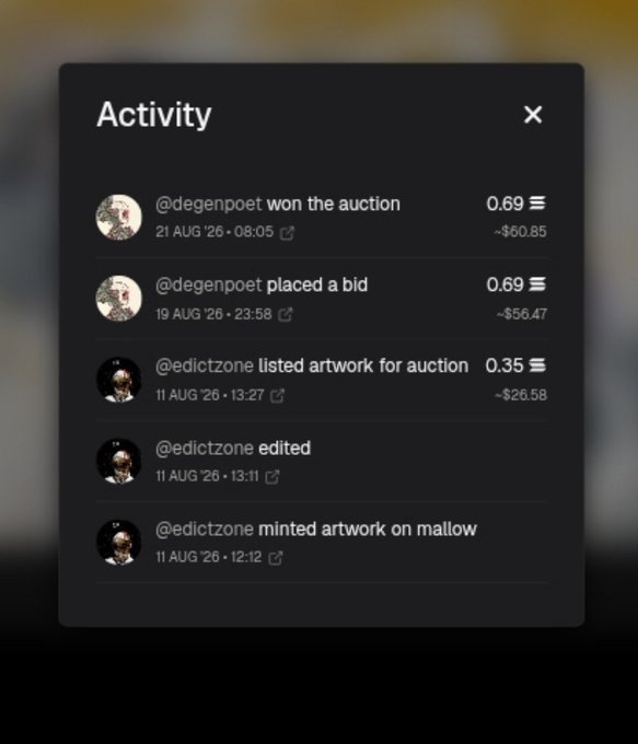 A dark-themed activity feed interface showing auction-related events including '@degenpoet won the auction' for 0.69 (~ $60.85), '@degenpoet placed a bid' for 0.69 (~ $56.47), and '@edictzone listed artwork for auction' for 0.35 (~ $26.58), along with edit and mint notifications dated August 11-21, 2026.