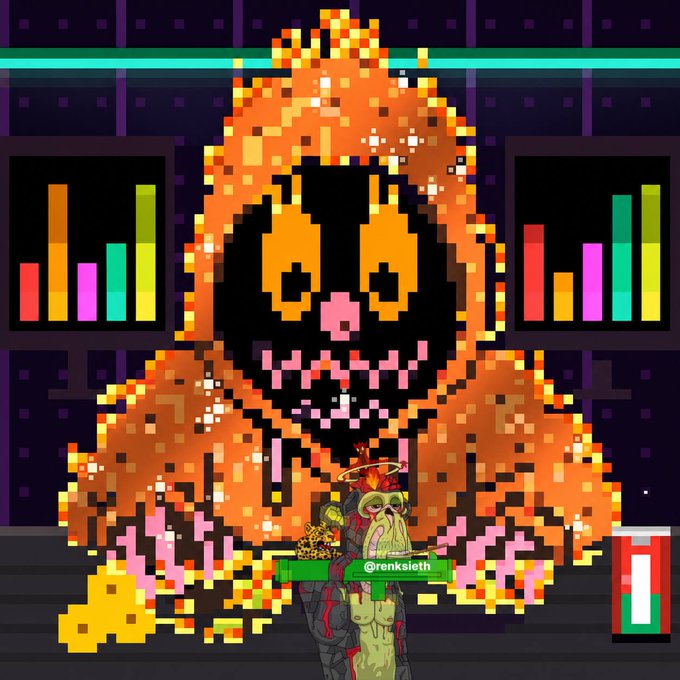 A pixel art illustration shows a large orange and black skeletal monster with glowing eyes in an arcade setting, with a small character labeled "@renksieth" standing in front of it.