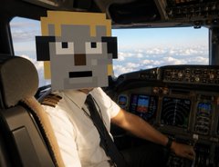 A pilot's face has been edited with a blocky, Minecraft-style pixel art head while sitting in an aircraft cockpit.