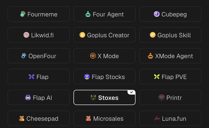 A grid of cryptocurrency or blockchain app tiles is displayed, featuring names like Fourmeme, Four Agent, Cubepeg, Likwid.fi, Goplus Creator, Goplus Skill, OpenFour, X Mode, XMode Agent, Flap, Flap Stocks, Flap PVE, Flap AI, Stoxes (highlighted with a checkmark), Printr, Cheesepad, Microsales, and Luna.fun. The image relates to the accompanying post by showing a preview of upcoming project launches on the BNB Chain platform, where Stoxes appears to be one of the featured applications awaiting launch.