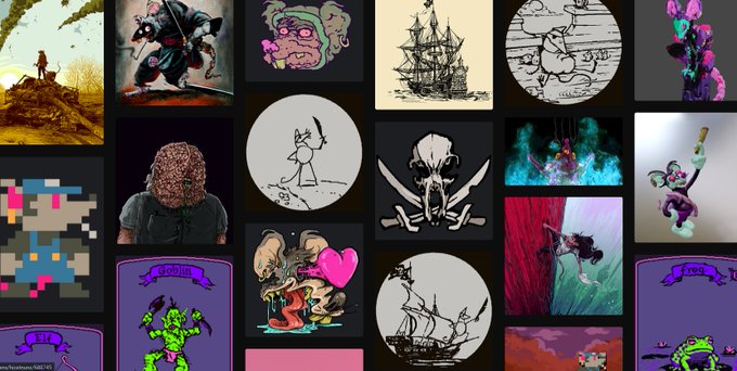 A collage of various artwork pieces in different styles including pixel art, sketches, and illustrations featuring characters, ships, and abstract designs.