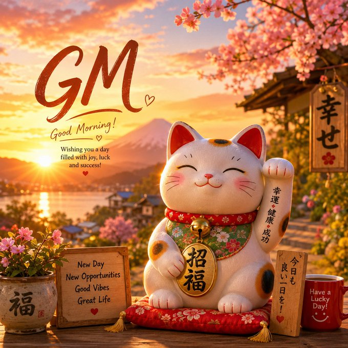A cheerful maneki-neko (lucky cat) sits among cherry blossoms at sunrise, raising its paw alongside signs reading "GM Good Morning!" and "招福" (beckoning fortune), with a "幸せ" (happiness) banner in the background—perfectly matching the weekend good morning wish inviting the God of Wealth to bring luck to friends.