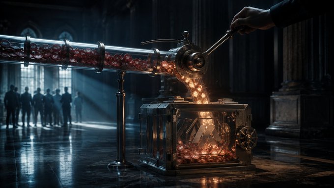 A stylized dark cinematic image showing a hand turning a crank on a brass machine that funnels glowing red/orange crystals into a treasure chest, with silhouettes of people in the background.