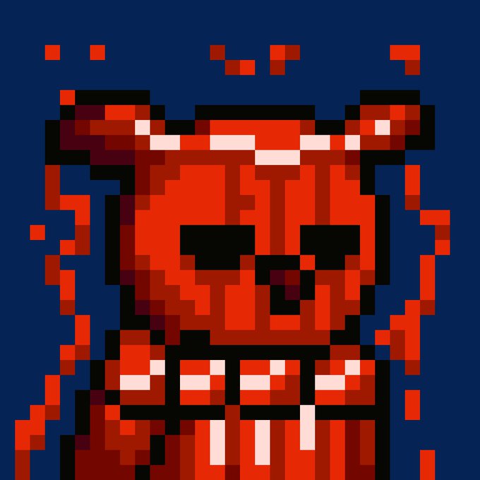 A pixel art illustration of a red demon or devil character with horns, hollow black eyes, and prominent fangs, rendered against a dark blue background.