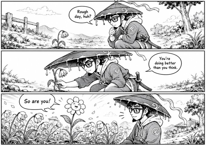 A black and white comic strip depicting a character under an umbrella with a spiral symbol speaking to flowers. The text bubbles read: 'Rough day, huh?', 'You're doing better than you think.', and 'So are you!'