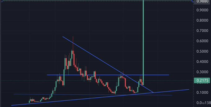 A cryptocurrency candlestick chart shows a price that recently spiked dramatically to nearly 1.0 before pulling back to around 0.2175, breaking out of a symmetrical triangle pattern drawn with blue trendlines on a daily timeframe. The dramatic vertical wick suggests a potential squeeze or imminent breakout, aligning with the poster's bullish sentiment about an impending price move.