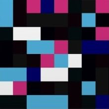 A digital artwork composed of a grid of small colored rectangles in shades of cyan, magenta, white, and black on a black background.