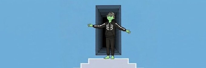A cartoon illustration depicts a green-skinned zombie-like character wearing glasses and a skeleton shirt, standing in a doorway at the top of a short flight of stairs with arms outstretched against a solid blue background.