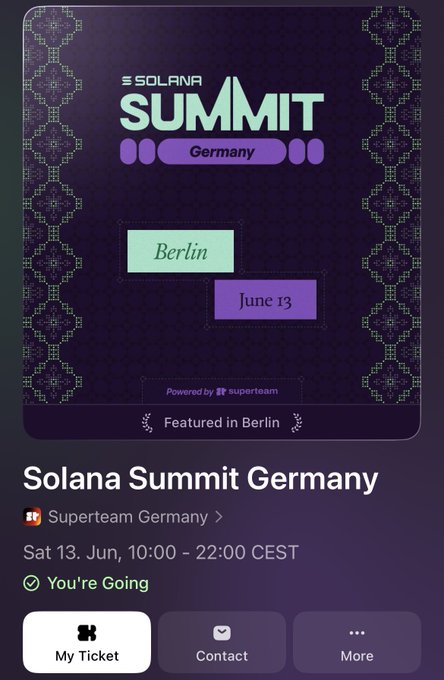 The image shows a phone screen displaying an invitation for the Solana Summit Germany event. The text indicates that the event will take place at Berlin on June 13th from 10 am to 2 pm, with a scheduled start time of 22:00 CEST. The organizer has also provided details about how to RSVP and where to find more information.