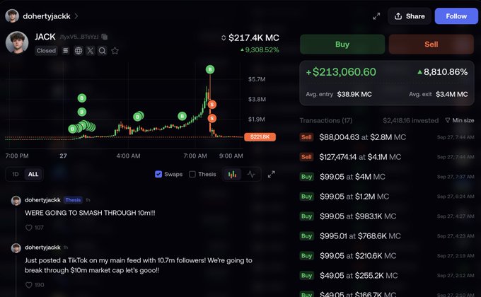 A social media post from "dohertyjack" showcases a trading dashboard with significant gains on the token $JACK, displaying a realized profit of +$213,060.60 (8,810.86%) with 17 transactions between $1.9M and $5.7M market cap, alongside commentary about entering the trade "through 10mil!!" The caption references "@Moshdottrade" and "$BUN," suggesting the trader is highlighting their successful call on a small-cap memecoin similar to the one Mosh previously identified.