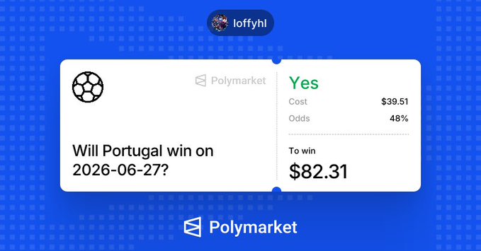 A Polymarket prediction card showing a "Yes" bet of $39.51 (with 48% odds) on Portugal winning on 2026-06-27, with a potential payout of $82.31 — posted by user "loffyhl" to promote the $POLY airdrop while predicting a Portugal victory over Colombia.