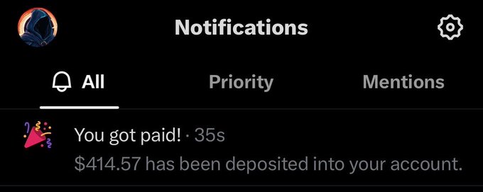 A screenshot of an X (Twitter) notifications panel shows a recent alert stating "You got paid! $414.57 has been deposited into your account," serving as visual proof to accompany the post celebrating a generous Solana-related payout.