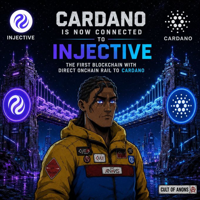 Promotional graphic announcing 'CARDANO IS NOW CONNECTED TO INJECTIVE' as the first blockchain with a direct onchain rail to Cardano, featuring a stylized character in a yellow jacket.