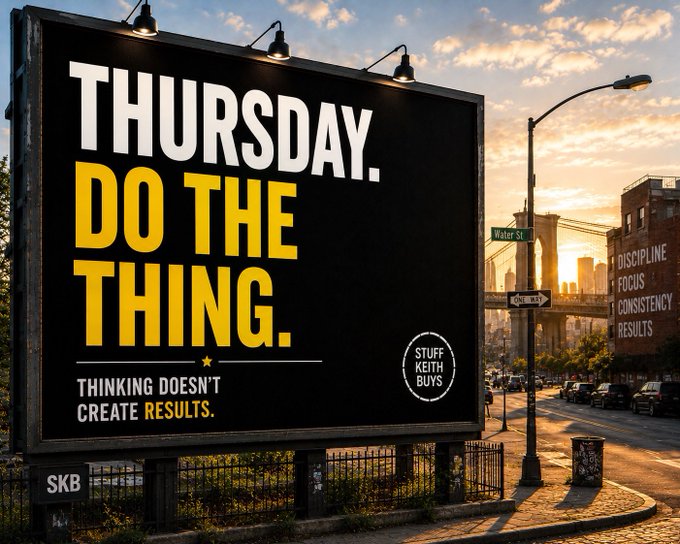 A billboard advertisement with bold text reading 'THURSDAY. DO THE THING. THINKING DOESN'T CREATE RESULTS.' alongside the SKB logo, displayed on a city street with the Brooklyn Bridge visible in the background.