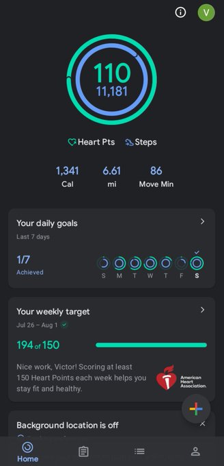A fitness tracking app dashboard showing a heart score of 110 (11,181 Heart Pts), daily goals achieved (1/7), and a weekly target of 194 of 150 points for user Victor.