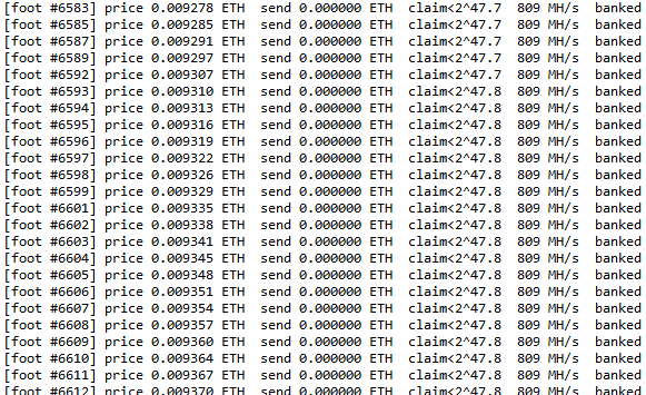 A terminal output showing a steady stream of mining attempts on the Tired (claim<247.7-247.8) cryptocurrency, each line displaying a price around 0.0092-0.0093 ETH, 0.000000 ETH sent, and a hash rate of 809 MH/s that all result in "banked" status—illustrating the competitive, low-success nature of the mining process the post describes.